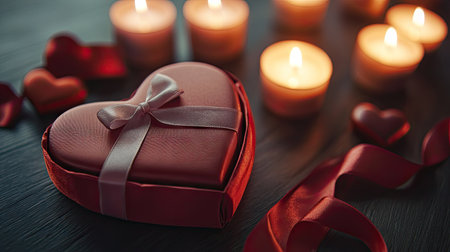 A close-up of Valentine chocolate packaging with a beautiful heart-shaped box, adorned with a satin ribbon, surrounded by soft-focus candlesの素材