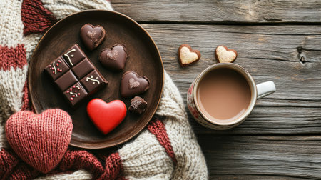 A cozy setting with a Valentine chocolate box placed on a rustic table, next to a mug of hot cocoa and a heart-shaped plate of cookiesの素材