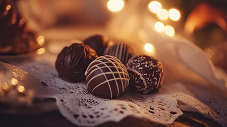 A close-up of Valentine chocolate truffles with intricate designs, resting on a delicate lace napkin, surrounded by romantic decor and soft ambient lightingの素材
