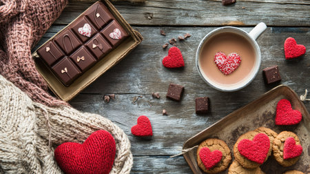 A cozy setting with a Valentine chocolate box placed on a rustic table, next to a mug of hot cocoa and a heart-shaped plate of cookiesの素材