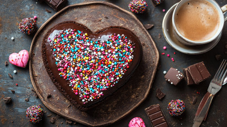 A creative Valentine chocolate idea with a heart-shaped chocolate cake decorated with colorful sprinkles, truffles, and a cup of hot cocoaの素材