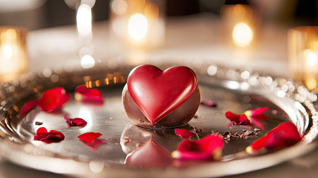 A delicate heart-shaped chocolate truffle sitting on a silver platter, decorated with rose petals and romantic lighting for Valentine's Dayの素材