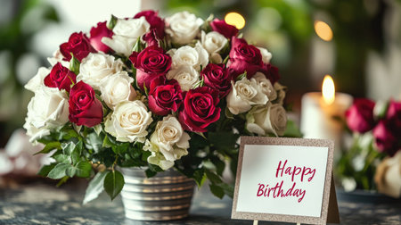 A festive bouquet of red and white roses with a Happy Birthday card placed on a decorated tableの素材