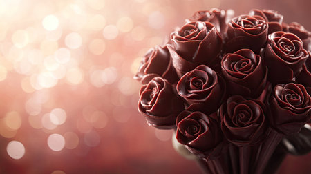 A high-end Valentine chocolate bouquet with chocolate roses arranged elegantly in a bouquet-style presentation, set against a soft-focus backdropの素材