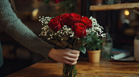 A florist arranging a traditional bouquet of red roses with baby's breath on a wooden counterの素材