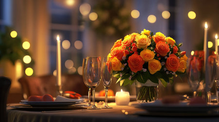A joyful birthday celebration with a bouquet of orange and yellow roses as the centerpiece of a dining tableの素材