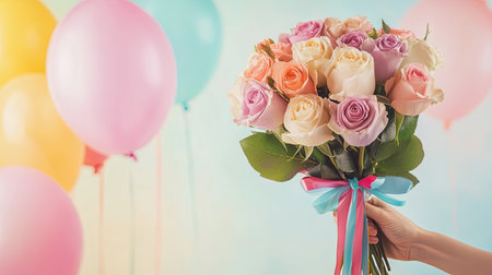 A hand presenting a bouquet of pastel roses tied with a colorful ribbon against a birthday party backdropの素材