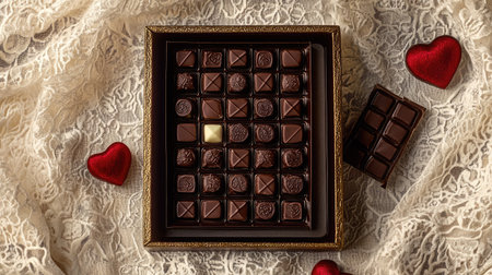 A flat lay of a luxury Valentine chocolate box, filled with dark and milk chocolate pralines, placed on a delicate lace tableclothの素材
