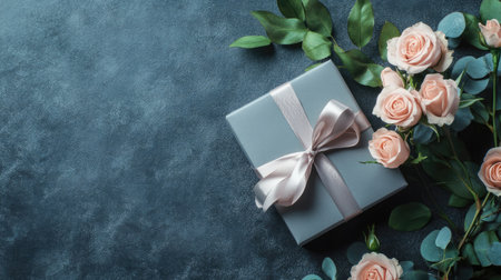 A flat lay of a gift box, ribbon, and an artificial rose bouquet placed on a soft velvet surfaceの素材
