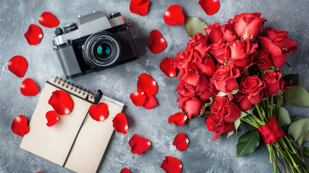 A flat lay of a rose bouquet with a camera, notebook, and scattered petals, styled for an artistic photography setupの素材