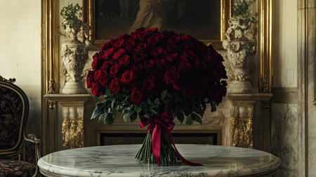 A lavish bouquet of deep red roses tied with a silk ribbon, placed on a polished marble table in an opulent settingの素材
