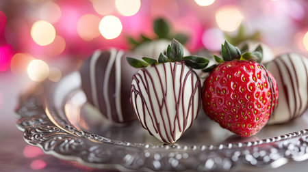 A romantic scene featuring Valentine chocolate strawberries, drizzled with white and dark chocolate, placed on a silver platter with soft bokeh lightingの素材