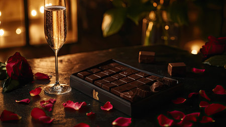 A luxury Valentine's chocolate set placed on a table, with a glass of champagne and rose petals scattered aroundの素材