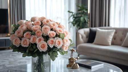 A luxury living room with a large artificial rose bouquet placed on a marble table, with soft neutral tones in the backgroundの素材