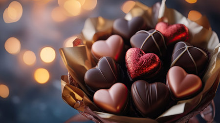 A luxury Valentine chocolate bouquet with an assortment of heart-shaped chocolates, wrapped in a beautiful decorative paper and set against soft lightingの素材