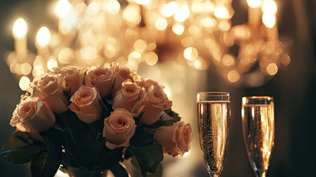 A romantic anniversary setting with a luxurious rose bouquet, champagne, and a glittering chandelier in the backgroundの素材