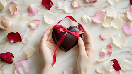A person holding a Valentine chocolate heart with a red ribbon, surrounded by soft pink and white rose petals on a light-colored tableの素材