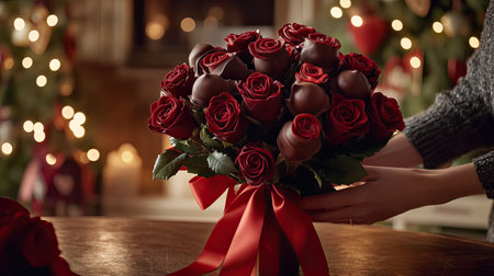 A person gifting a Valentine chocolate bouquet, with chocolate roses in an elegant bouquet tied with a red ribbon, on a softly lit tableの素材