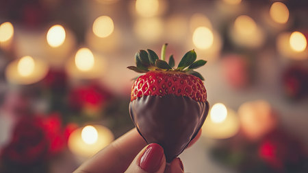 A person holding a Valentine chocolate strawberry dipped in dark chocolate, with a soft-focus romantic background of flowers and candlesの素材
