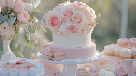 A pastel-themed celebration with a bouquet of blush roses as the centerpiece of a dessert tableの素材