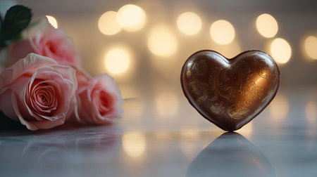 A personalized Valentine chocolate idea with a chocolate heart wrapped in a custom design, sitting next to a small bouquet of roses and soft bokeh lightingの素材