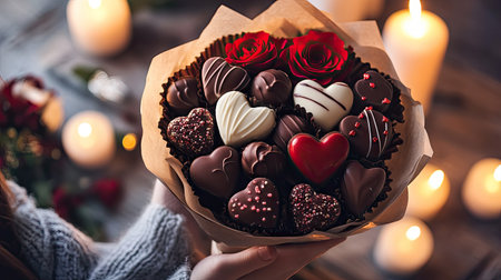 A person holding a Valentine chocolate bouquet made of heart-shaped chocolates and roses, surrounded by soft candlelight and a cozy ambianceの素材