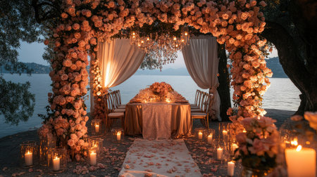 A romantic dinner setup featuring artificial pink roses as the centerpiece, surrounded by candles and soft fabricsの素材