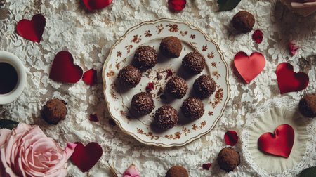 A romantic flat lay of Valentine chocolate truffles placed on a lace tablecloth, surrounded by heart-shaped decorations, rose petals, and soft-focus lightingの素材