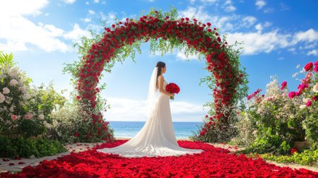 A romantic outdoor wedding with a bride holding a vibrant red rose bouquet under a flower archの素材
