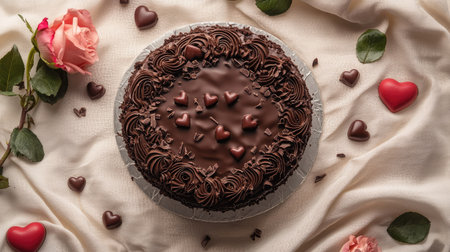 A romantic flat lay of a Valentine chocolate cake decorated with chocolate shavings, heart-shaped candies, and roses, set against a soft fabric backdropの素材