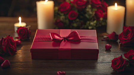 A romantic scene featuring a red Valentine chocolate box with a satin ribbon, surrounded by soft-focus candles and a bouquet of rosesの素材