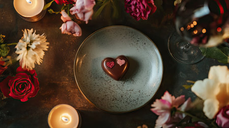 A romantic scene with a heart-shaped Valentine chocolate truffle, surrounded by fresh flowers, a glass of wine, and soft candlelight for a cozy, intimate atmosphereの素材