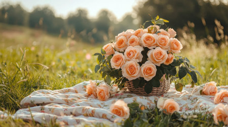 A romantic scene with a bouquet of peach roses on a picnic blanket in a scenic outdoor settingの素材