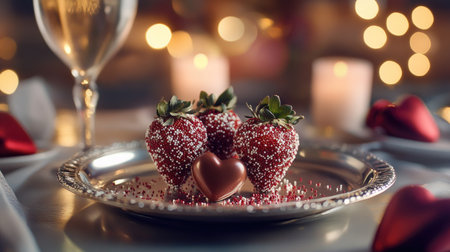 A romantic table setting with Valentine chocolate strawberries on a silver platter, decorated with heart-shaped sprinkles, set against a backdrop of soft lightingの素材