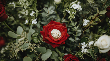 A romantic bouquet arrangement of red roses, with a single white rose at the center, surrounded by greenery and white flowersの素材