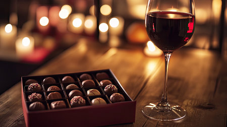 A romantic scene featuring a gift box of gourmet Valentine chocolates next to a glass of red wine and flickering candlelightの素材