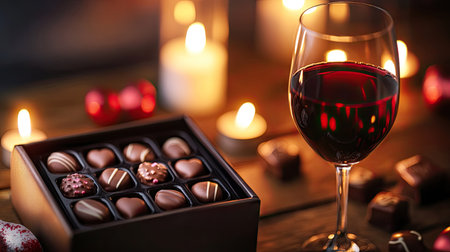 A romantic scene featuring a gift box of gourmet Valentine chocolates next to a glass of red wine and flickering candlelightの素材