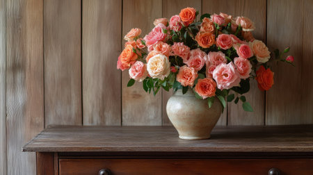 A rustic setting with a bouquet of pink and orange roses in a ceramic vase, styled on a vintage wooden dresserの素材