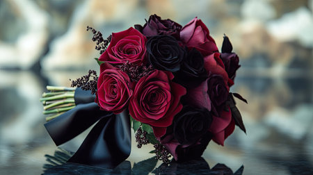 A single rose bouquet in classic crimson, tied with a black satin bow and placed on a reflective surfaceの素材