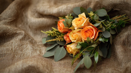 A rustic bridal bouquet of orange and yellow roses with greenery, lying on a burlap clothの素材