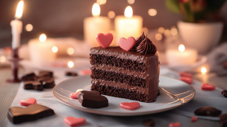 A slice of decadent Valentine chocolate cake on a porcelain plate, surrounded by chocolate hearts, candles, and soft lighting for an intimate settingの素材