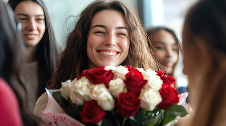A smiling woman receiving a bouquet of red and white roses as a birthday gift, surrounded by friendsの素材