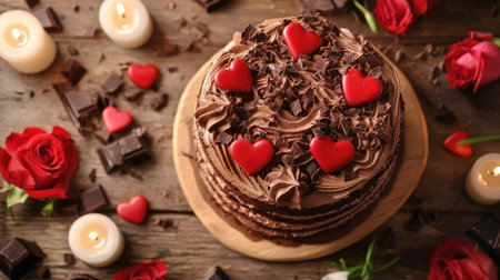 A top-down view of a Valentine chocolate cake with multiple layers, topped with chocolate shavings, and surrounded by romantic decorations like candles and flowersの素材