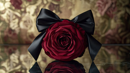 A single rose bouquet in classic crimson, tied with a black satin bow and placed on a reflective surfaceの素材