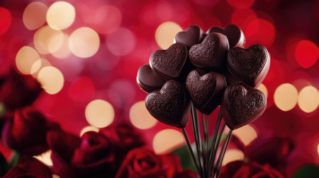 A stunning Valentine chocolate bouquet with heart-shaped chocolates arranged on a delicate stem, surrounded by fresh red roses and soft bokeh lightingの素材