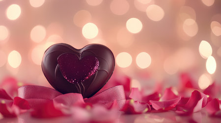 A Valentine chocolate heart with a ribbon, surrounded by rose petals and romantic decor, set against a soft bokeh backgroundの素材