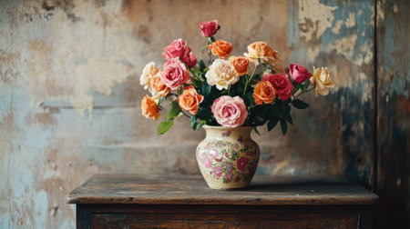A rustic setting with a bouquet of pink and orange roses in a ceramic vase, styled on a vintage wooden dresserの素材