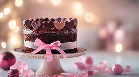 A Valentine chocolate cake on a beautiful cake stand, decorated with chocolate hearts and a ribbon, surrounded by soft-focus lighting and romantic dcorの素材