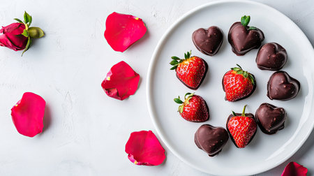 A unique Valentine chocolate idea featuring chocolate-covered strawberries arranged in the shape of a heart, placed on a clean white plate with rose petalsの素材