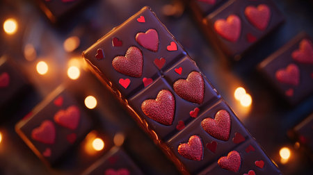 A top-down view of Valentine chocolate bars, each featuring heart-shaped designs on the wrapper, surrounded by soft bokeh and romantic atmosphereの素材